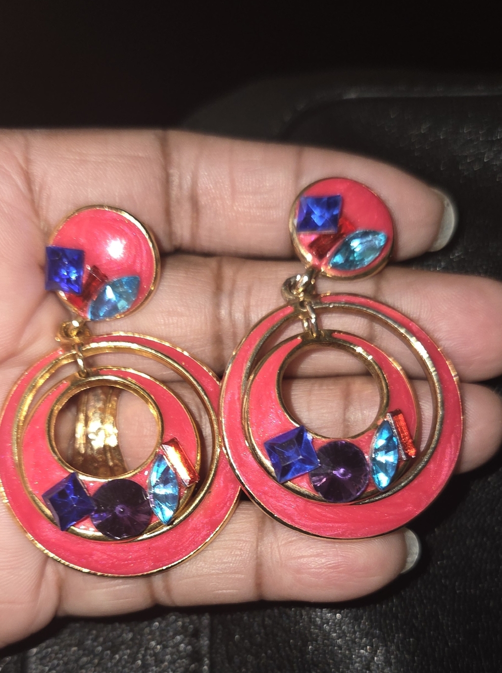 Berebi Pinkish/Salmon Colored Rhinestone&Enamel Drop Earrings
